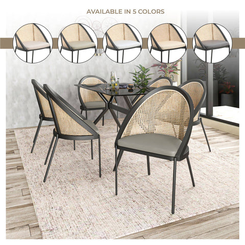 Urbane Dining Chair with Vinyl Fabric Seat and Wicker Backrest in Stainless Steel Legs Set of 4