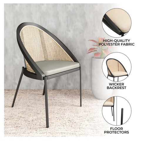 Urbane Dining Chair with Vinyl Fabric Seat and Wicker Backrest in Stainless Steel Legs Set of 4