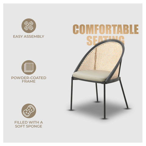 Urbane Dining Chair with Vinyl Fabric Seat and Wicker Backrest in Stainless Steel Legs Set of 4