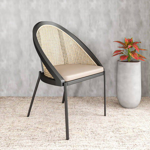 Urbane Dining Chair with Vinyl Fabric Seat and Wicker Backrest in Stainless Steel Legs Set of 4