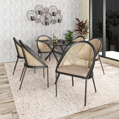 Urbane Dining Chair with Vinyl Fabric Seat and Wicker Backrest in Stainless Steel Legs Set of 4