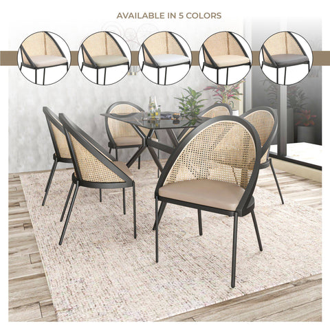 Urbane Dining Chair with Vinyl Fabric Seat and Wicker Backrest in Stainless Steel Legs Set of 4