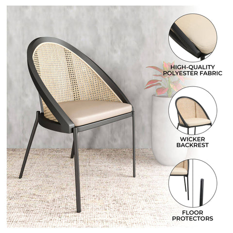 Urbane Dining Chair with Vinyl Fabric Seat and Wicker Backrest in Stainless Steel Legs Set of 4