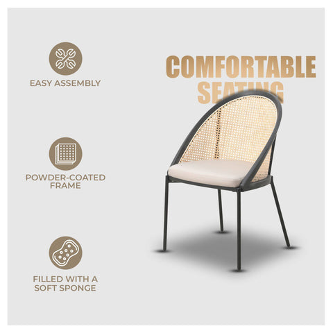 Urbane Dining Chair with Vinyl Fabric Seat and Wicker Backrest in Stainless Steel Legs Set of 4