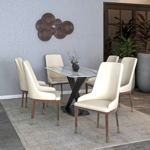 Viva Dining Side Chair Upholstered in Leather with Brown Rubberwood Legs Set of 2