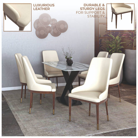 Viva Dining Side Chair Upholstered in Leather with Brown Rubberwood Legs Set of 2