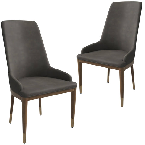 Viva Dining Side Chair Upholstered in Leather with Brown Rubberwood Legs Set of 2