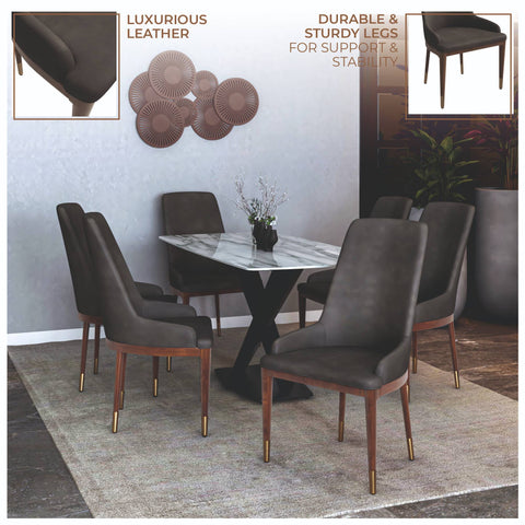 Viva Dining Side Chair Upholstered in Leather with Brown Rubberwood Legs Set of 2