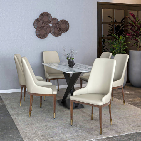 Viva Dining Side Chair Upholstered in Leather with Brown Rubberwood Legs Set of 2