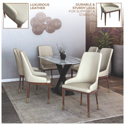 Viva Dining Side Chair Upholstered in Leather with Brown Rubberwood Legs Set of 2