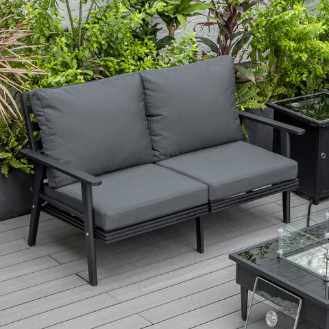 Walbrooke Modern Outdoor Patio Loveseat with Black Aluminum Frame and Removable Cushions