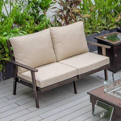 Walbrooke Modern Outdoor Patio Loveseat with Brown Aluminum Frame and Removable Cushions