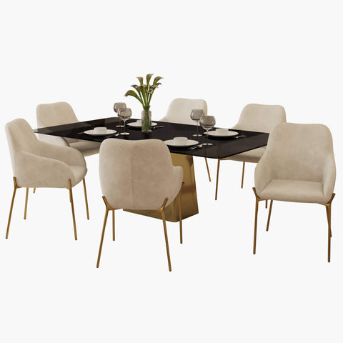 Quinix 7-Piece Dining Set with Rectangular Glass Dining Table and 6 Upholstered Dining Arm Chairs