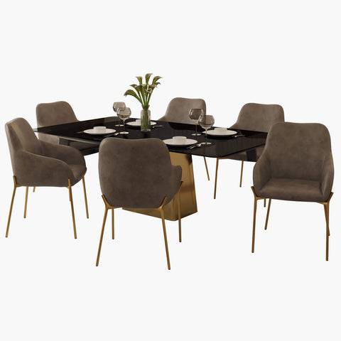 Quinix 7-Piece Dining Set with Rectangular Glass Dining Table and 6 Upholstered Dining Arm Chairs