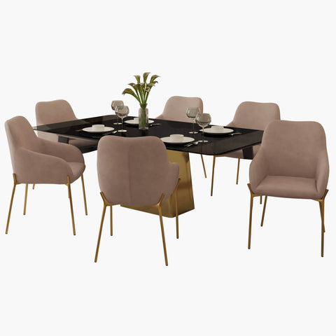 Quinix 7-Piece Dining Set with Rectangular Glass Dining Table and 6 Upholstered Dining Arm Chairs