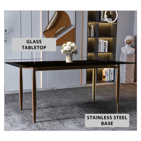 Zinti Dining Table with Glass or Sintered Stone Rectangular Wide Tabletop with Steel Base and Legs