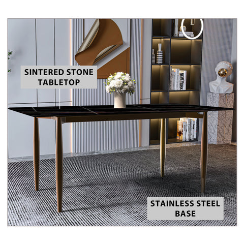 Zinti Dining Table with Glass or Sintered Stone Rectangular Wide Tabletop with Steel Base and Legs