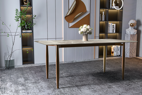 Zinti Dining Table with Glass or Sintered Stone Rectangular Wide Tabletop with Steel Base and Legs