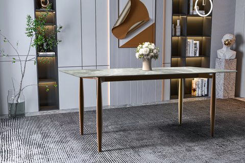 Zinti Dining Table with Glass or Sintered Stone Rectangular Wide Tabletop with Steel Base and Legs