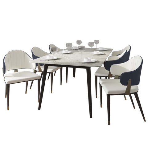 Zayle 7-Piece Dining Set with 55" Rectangular Sintered Stone Top Table and 4 Leather Dining Chair