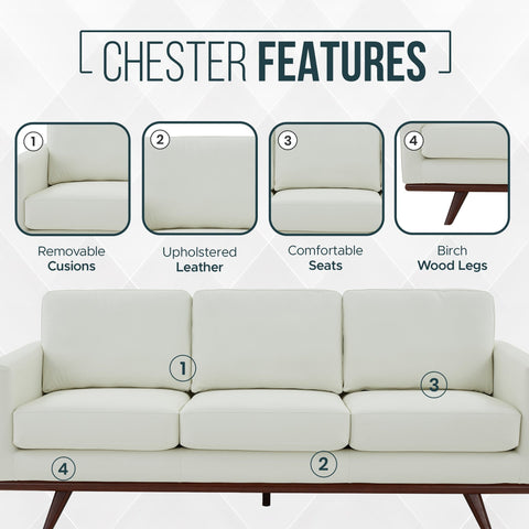 Chester 3-Seater Leather Full Size Sofa in Birch Wood Base