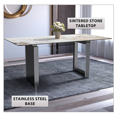 Astra Rectangular Dining Table with Stone/Glass Tabletop and Stainless-Steel Base