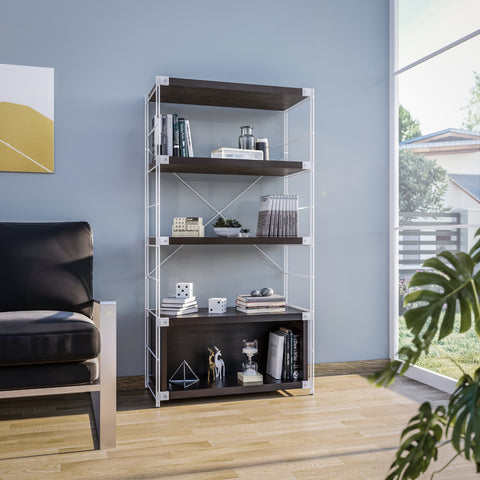 Brentwood Etagere Bookcase with White Powder Coated Steel Frame and Melamine Board Shelves