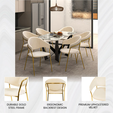 Bella Dining Chair Upholsted in Leather or Velvet in Gold Stainless Steel