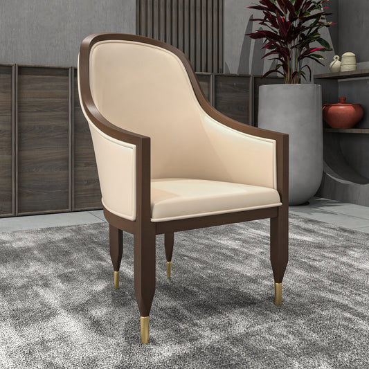 Belle Leather Dining Chair with Arms and Gold Metal Caps with Rubberwood Frame and Legs