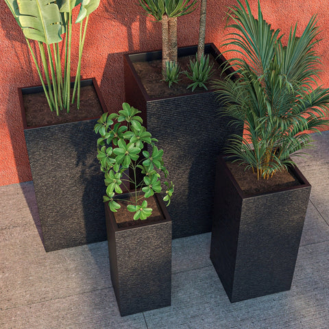 Basalt 4-Piece Fiberstone and MGO Clay Planter Set, Mid-Century Modern Tall Square Planter Pot for Indoor and Outdoor