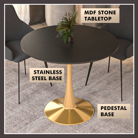 Bristol Round Dining Table with MDF/Sintered Stone Wood Tabletop in Gold Steel