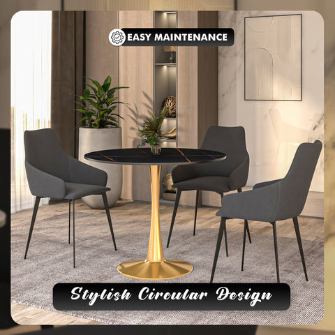 Bristol Round Dining Table with MDF/Sintered Stone Wood Tabletop in Gold Steel