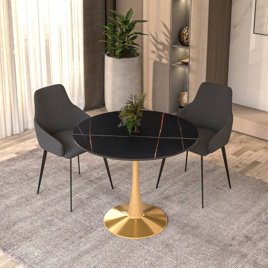 Bristol 35" Round Dining Table with Sintered Stone Tabletop in Gold Steel