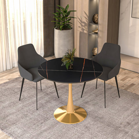 Bristol Round Dining Table with MDF/Sintered Stone Wood Tabletop in Gold Steel