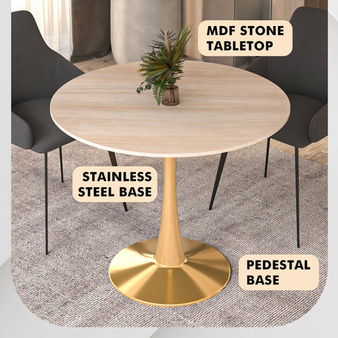 Bristol Round Dining Table with MDF/Sintered Stone Wood Tabletop in Gold Steel