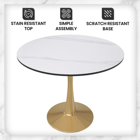 Bristol Round Dining Table with MDF/Sintered Stone Wood Tabletop in Gold Steel