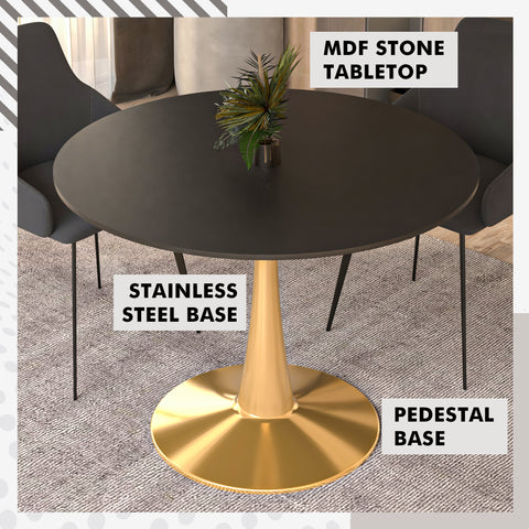 Bristol Round Dining Table with MDF/Sintered Stone Wood Tabletop in Gold Steel