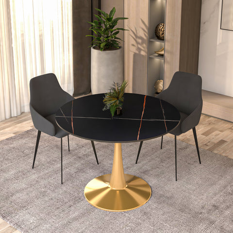 Bristol Round Dining Table with MDF/Sintered Stone Wood Tabletop in Gold Steel