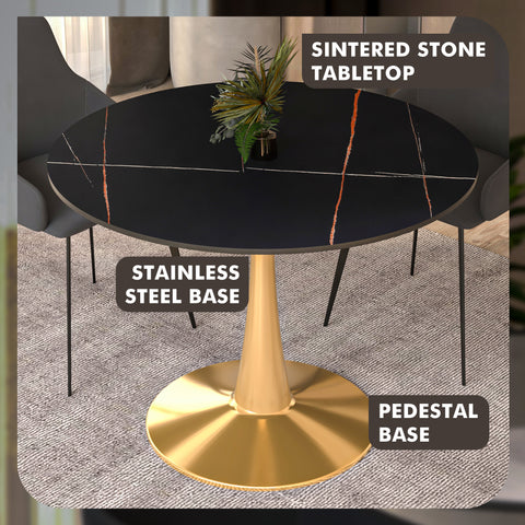 Bristol Round Dining Table with MDF/Sintered Stone Wood Tabletop in Gold Steel