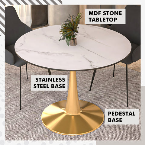 Bristol Round Dining Table with MDF/Sintered Stone Wood Tabletop in Gold Steel