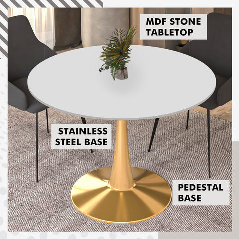 Bristol Round Dining Table with MDF/Sintered Stone Wood Tabletop in Gold Steel