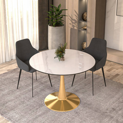 Bristol Round Dining Table with MDF/Sintered Stone Wood Tabletop in Gold Steel