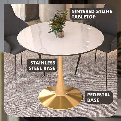 Bristol Round Dining Table with MDF/Sintered Stone Wood Tabletop in Gold Steel