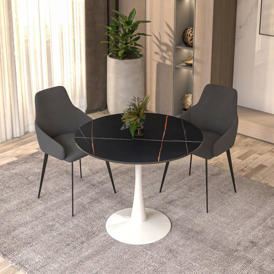 Bristol 31" Round Dining Table with Sintered Stone Tabletop in White Steel