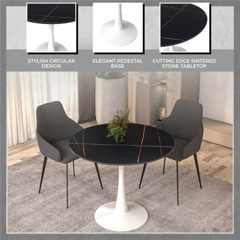 Bristol Round Dining Table with MDF/Sintered Stone/Glass Wood Tabletop in White Steel