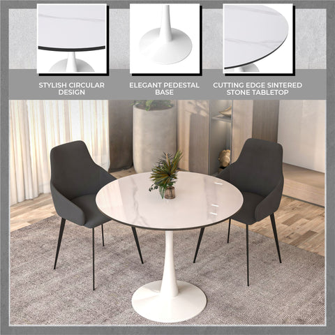 Bristol Round Dining Table with MDF/Sintered Stone/Glass Wood Tabletop in White Steel