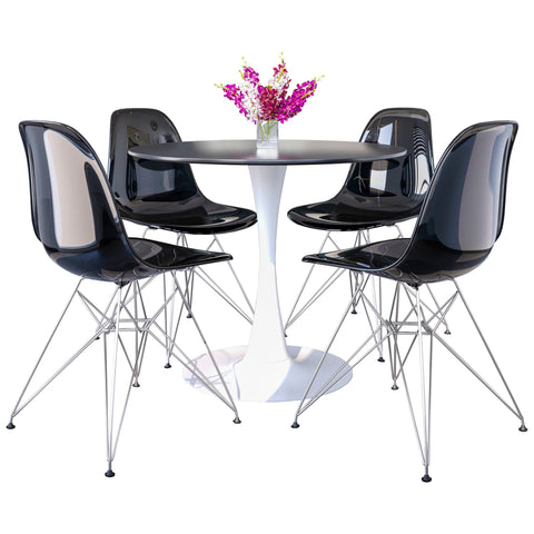 Bristol 5-Piece Dining Set 35" Round Table  with 4 ABS Plastic Side Chair in Chrome