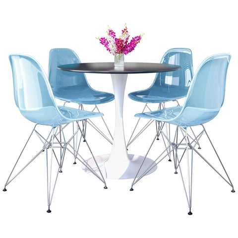 Bristol 5-Piece Dining Set 35" Round Table  with 4 ABS Plastic Side Chair in Chrome