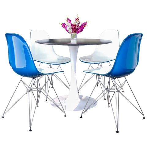 Bristol 5-Piece Dining Set 35" Round Table  with 4 ABS Plastic Side Chair in Chrome