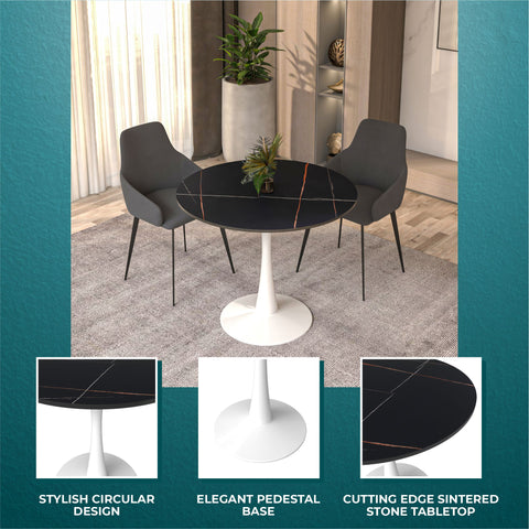 Bristol Round Dining Table with MDF/Sintered Stone/Glass Wood Tabletop in White Steel